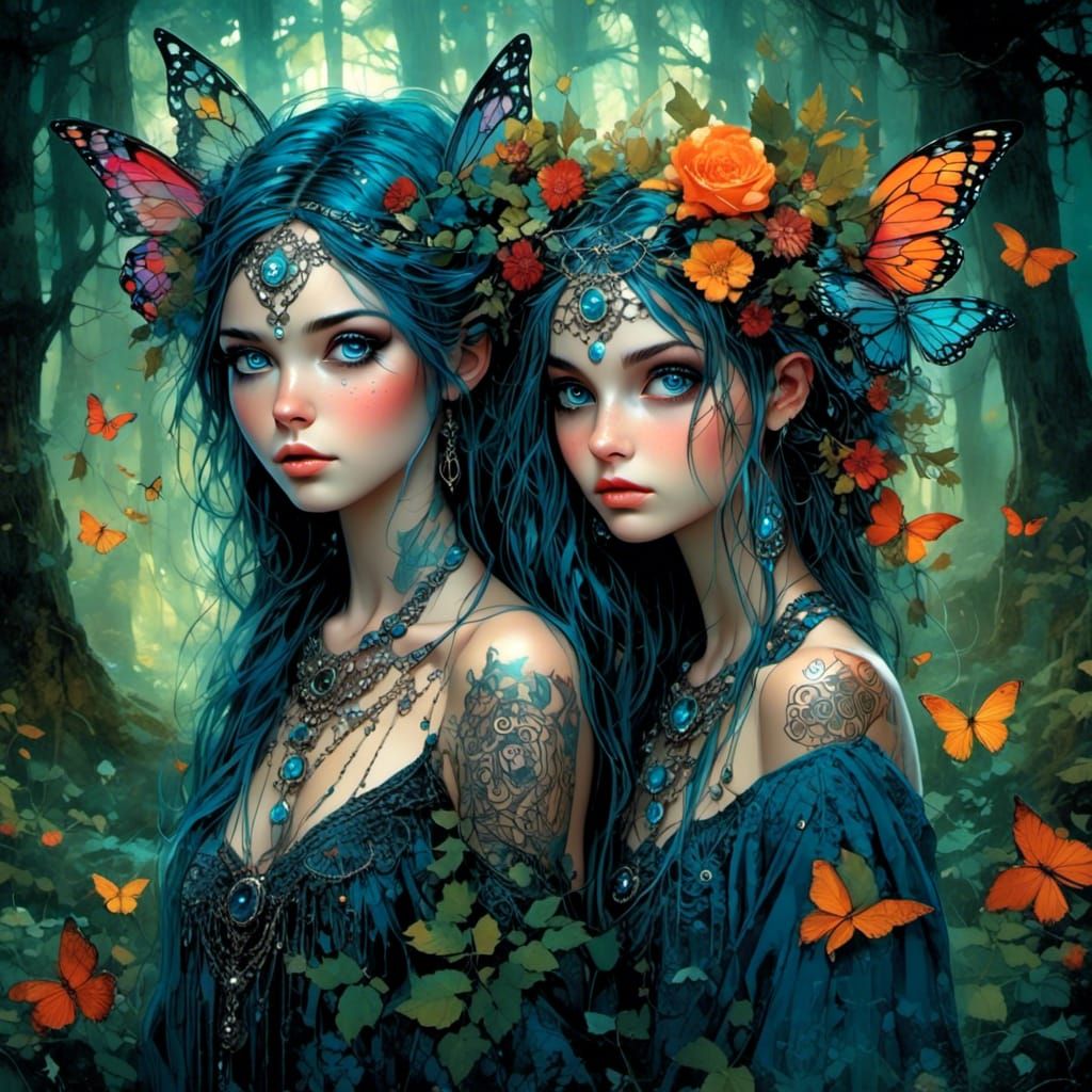 Pixie Sisters with Bioluminescent Tattoos in Fairy Forest