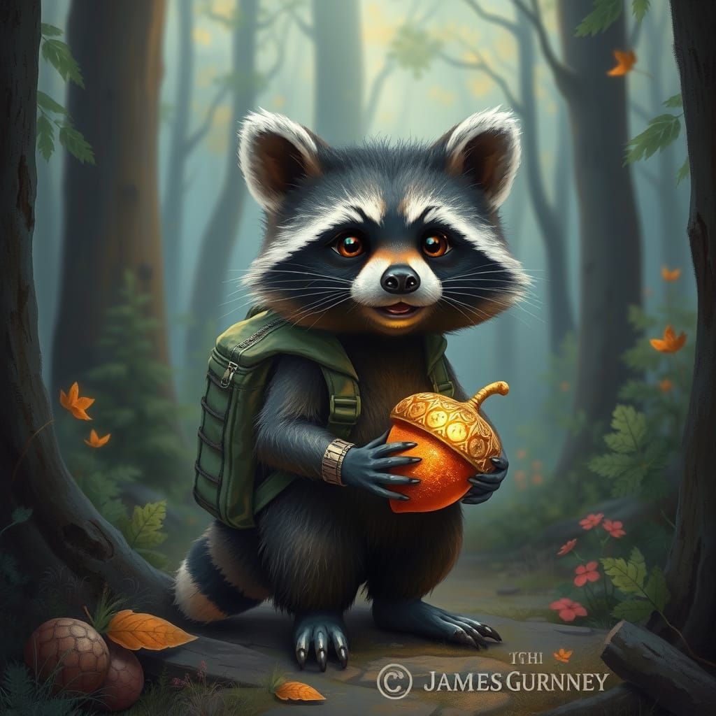 Raccoon with Golden Acorn in Mystical Forest