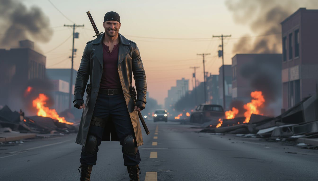 Muscular Warrior in Fiery Cityscape at Dusk