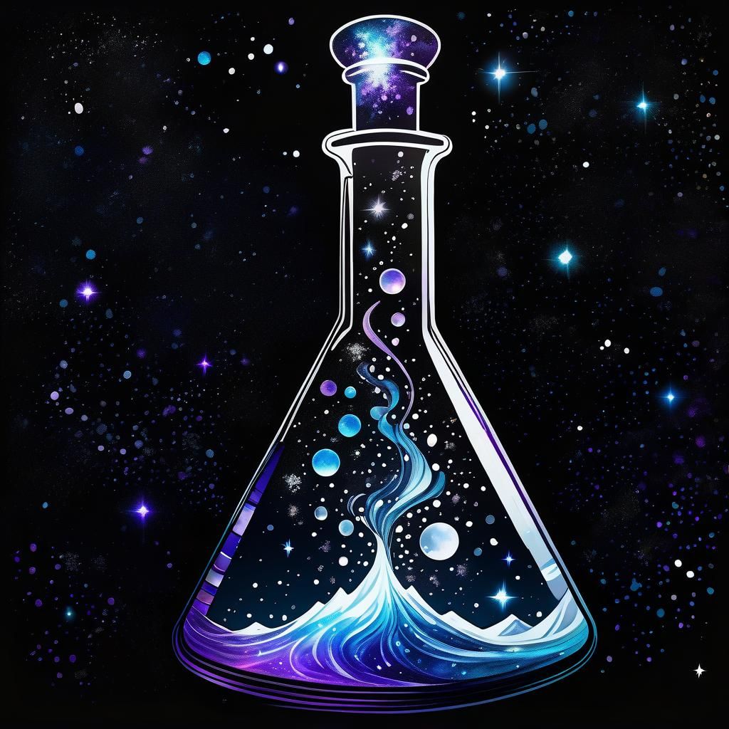 Volumetric Flask Filled with Swirling Stars in Ukiyo-E Style