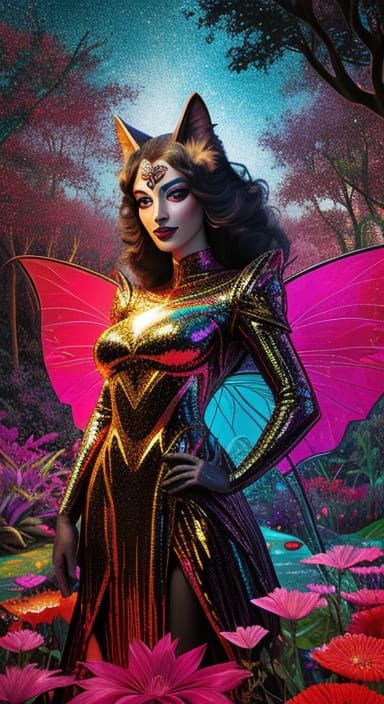 Surreal Lady Werewolf Fairy in Vibrant Enchanted Garden