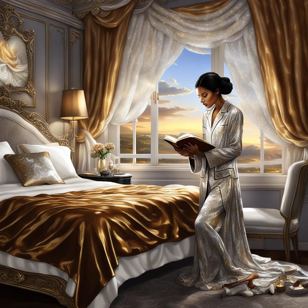 Woman Reading in Bedroom Suite: Digital Art