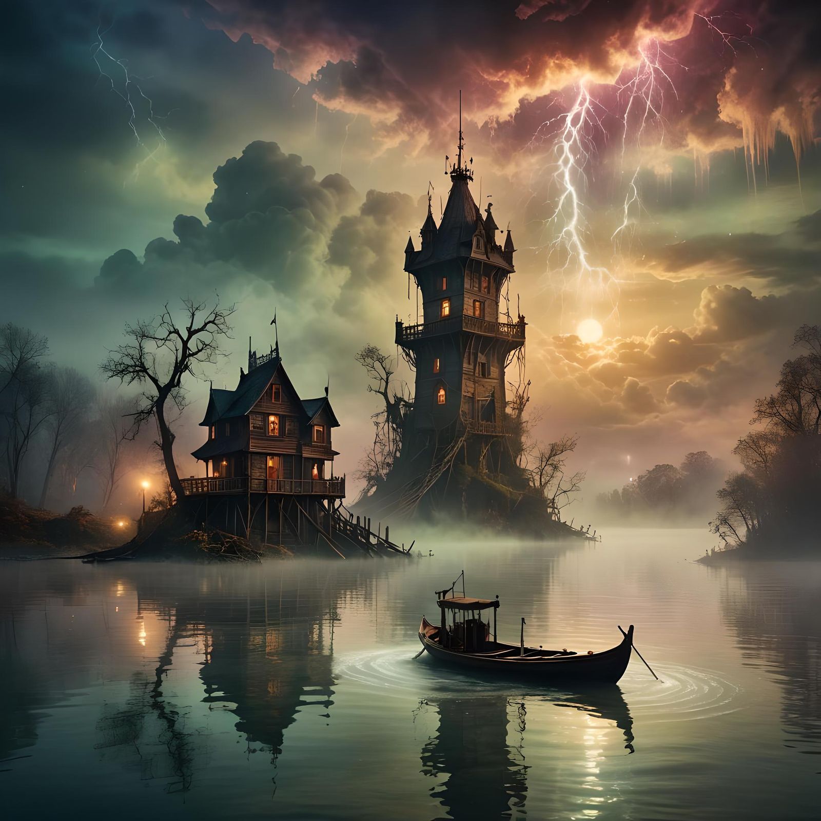 Eerie Lake Tower with Apparitions in Atmospheric Style