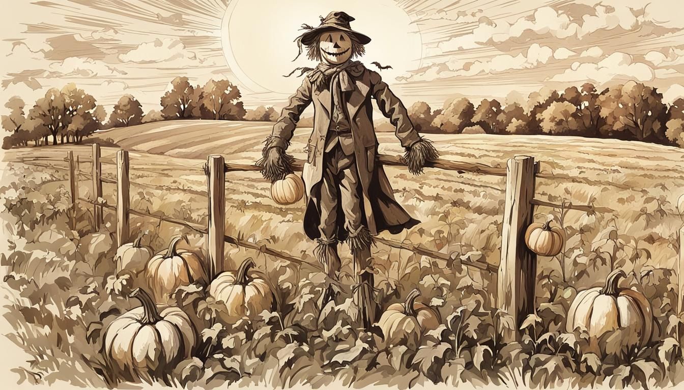 Happy Scarecrow in Spring Field, Vintage Illustration