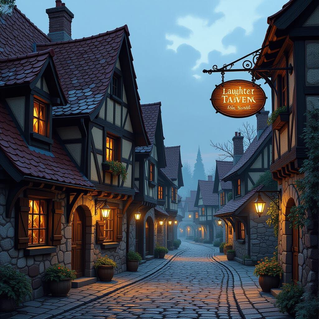 Cozy Tavern Alley with Timbered Houses in Warm Light