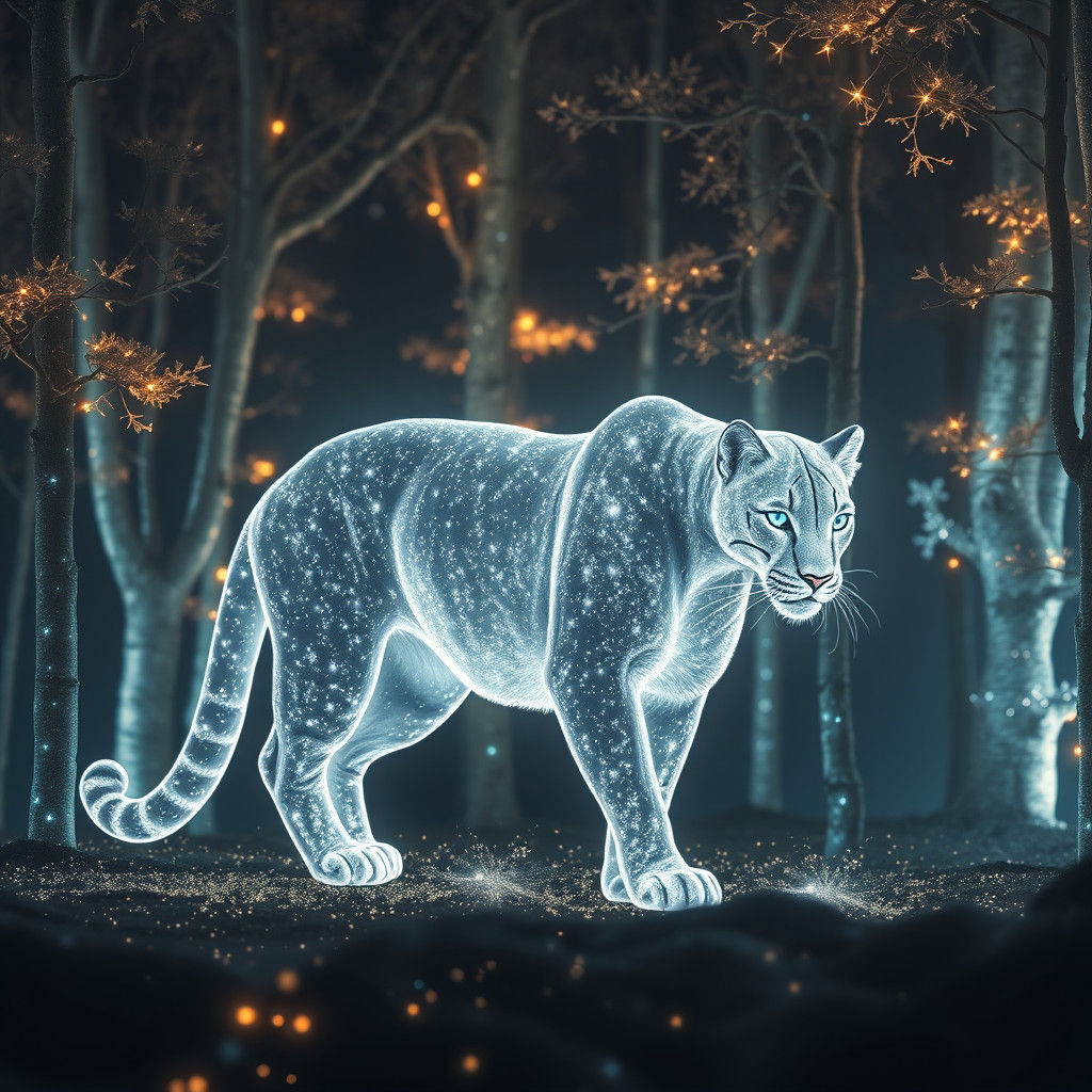 Glowing Silver Cougar Emerges from Luminous Night Forest