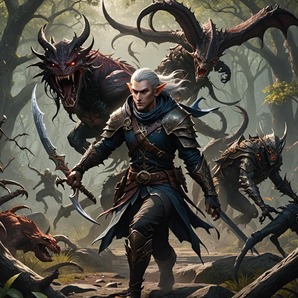 Elf Ranger Battles Spider Beast in Detailed Painting