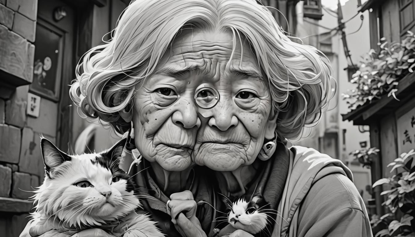 Charming Ghibli-Style Portrait of an Old Lady and Cat