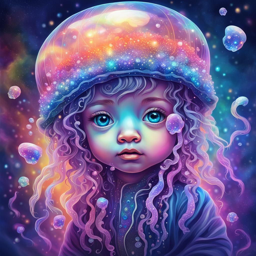 Astral Baby Jellyfish Portrait with Crystal Aura