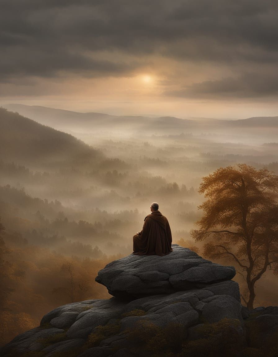 Monk Meditates in Misty Valley: Romantic Landscape