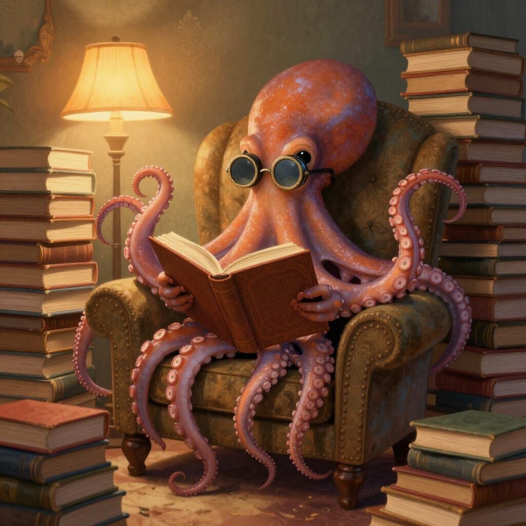 Whimsical Octopus Reads Books in Armchair Illustration