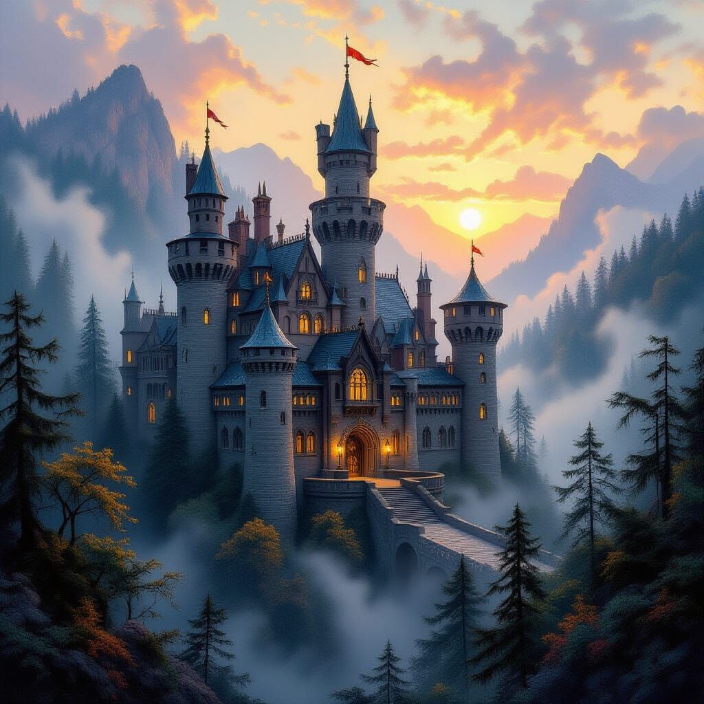 Majestic Medieval Castle in Setting Sun, Oil Painting