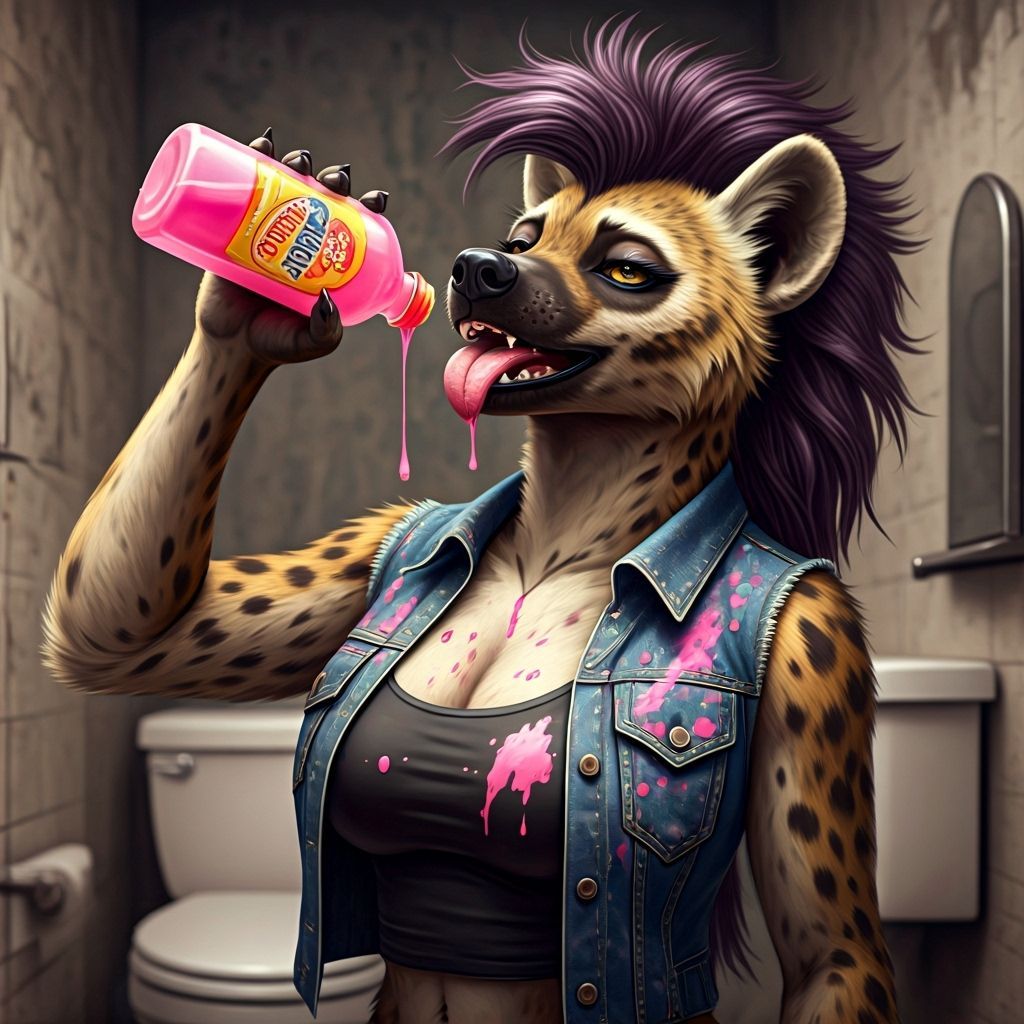 Anthropomorphic She-Hyena Drinks Pink Liquid in Dirty Bathro...