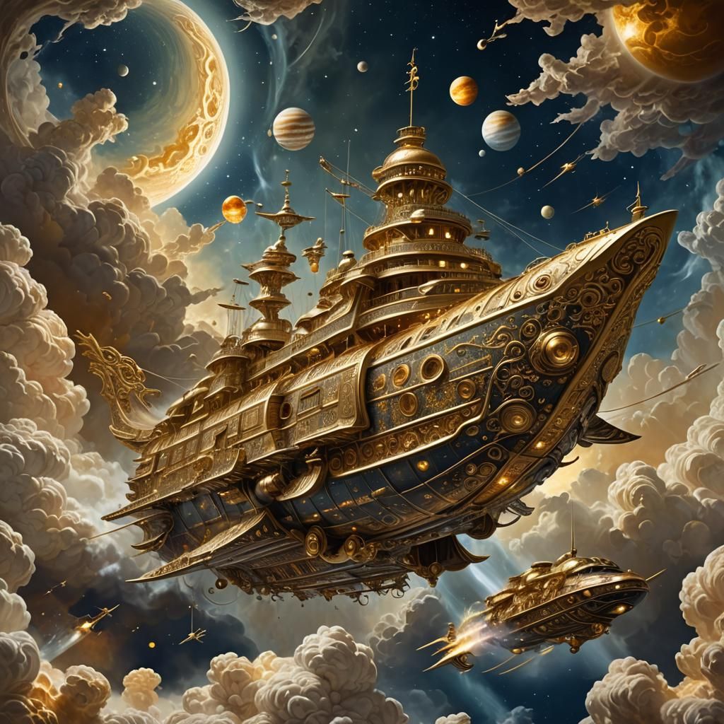 Brocade Rocketship Soaring Above Jupiter in Baroque Style