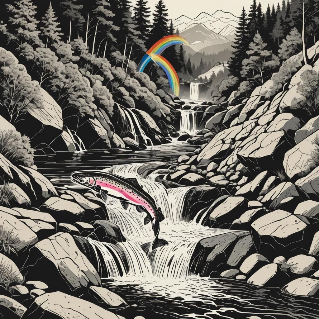 Neon Rainbow Trout in Minimalist Mountain Stream