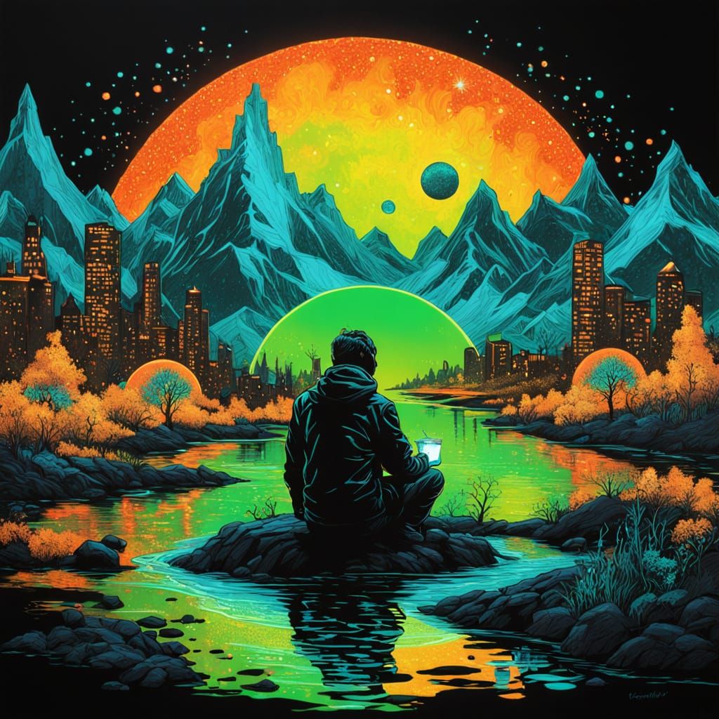 Cityscape Sunrise in Alcohol Ink with Neon Sparkle