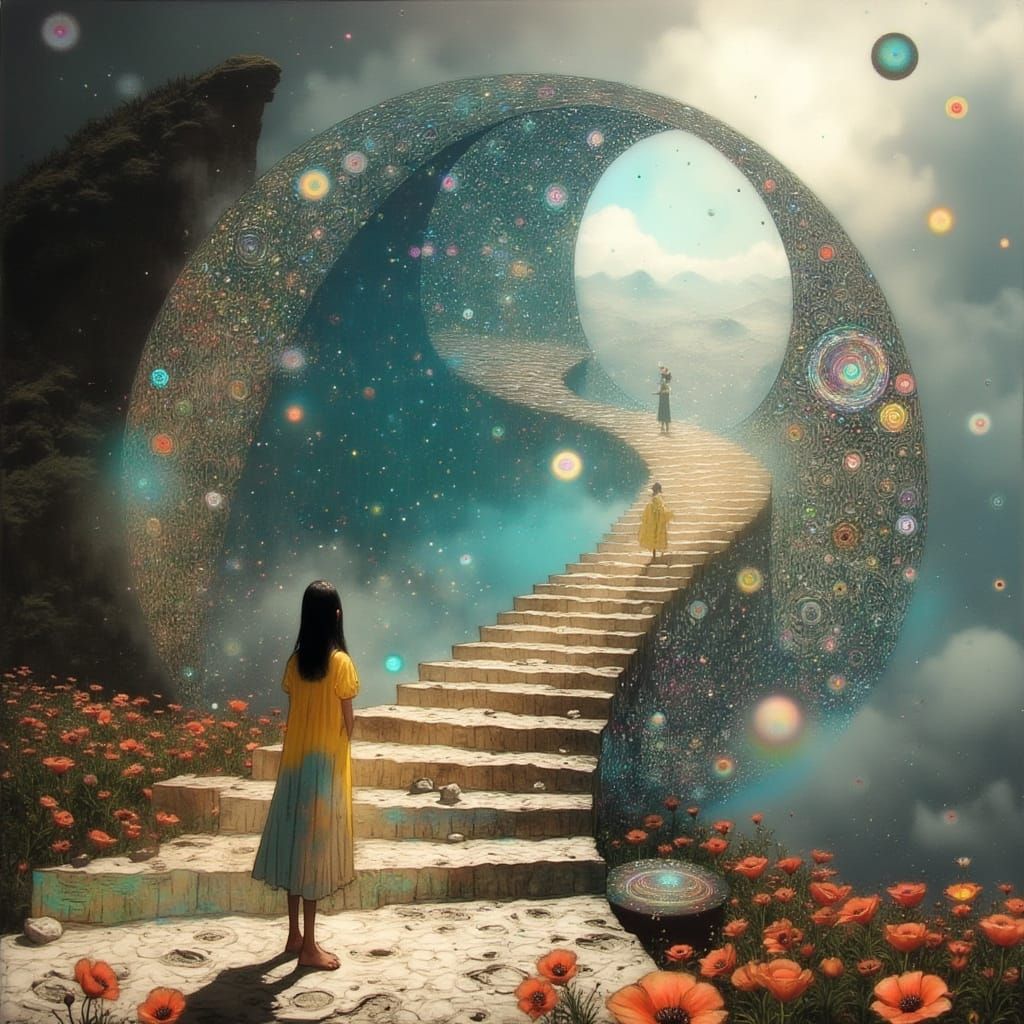 Ethereal Stairway to Nowhere in a Golden Valley of Poppies