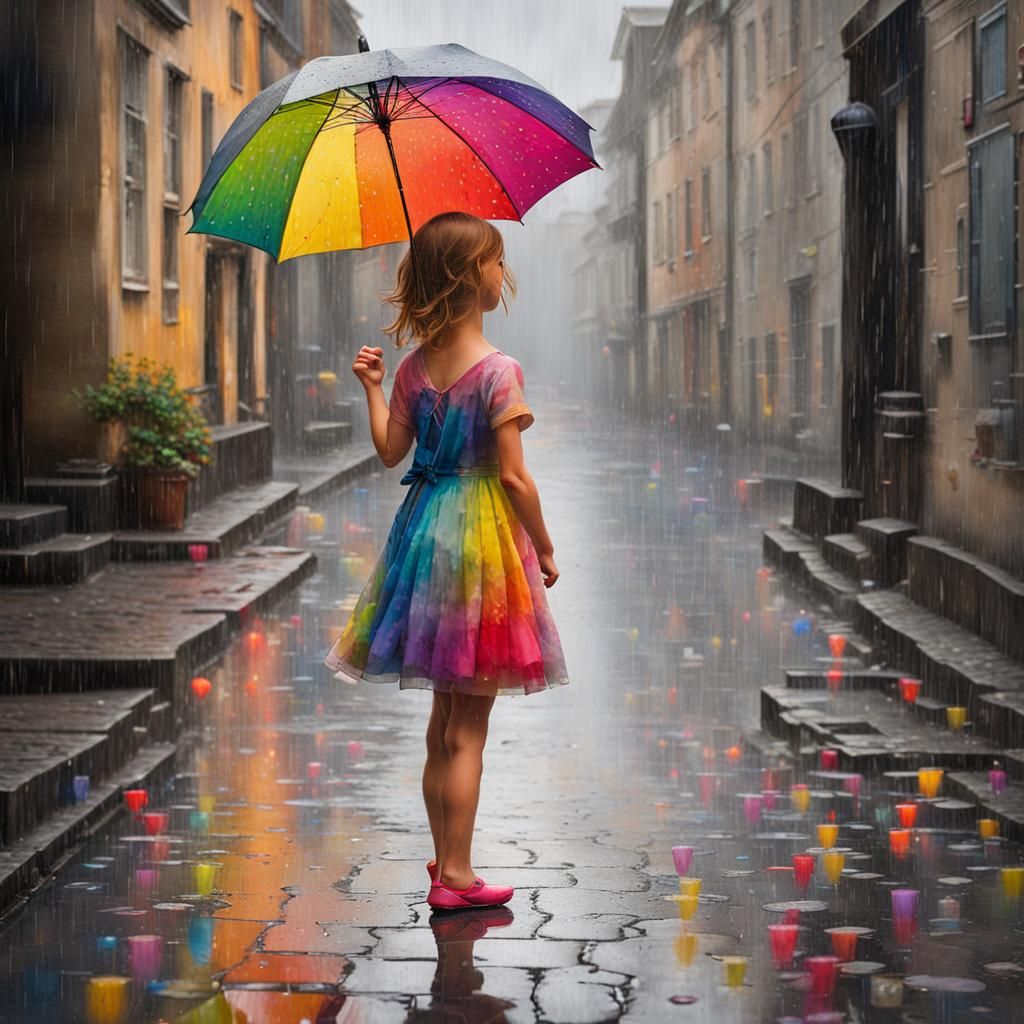 Girl in Rainy Cityscape with Vintage Umbrella