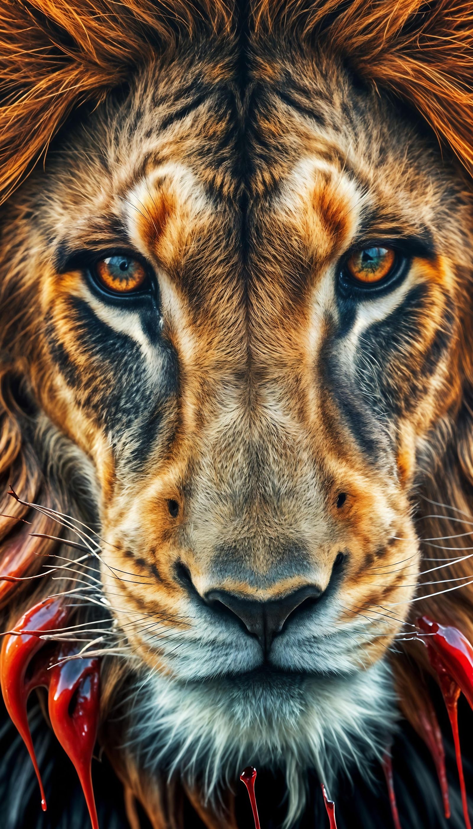 Photorealistic Lion with Dripping Blood in Dramatic Lighting