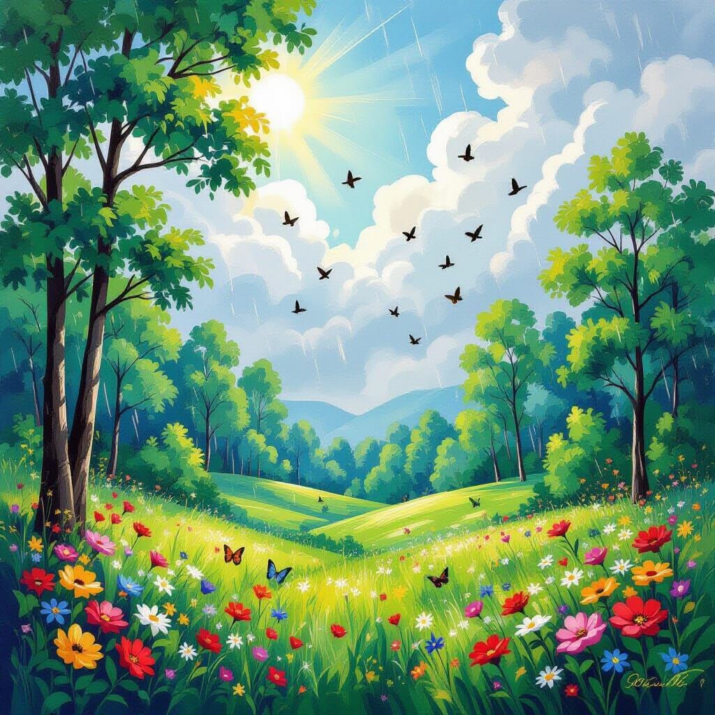 Lush Forest Landscape in Gouache and Watercolor Style