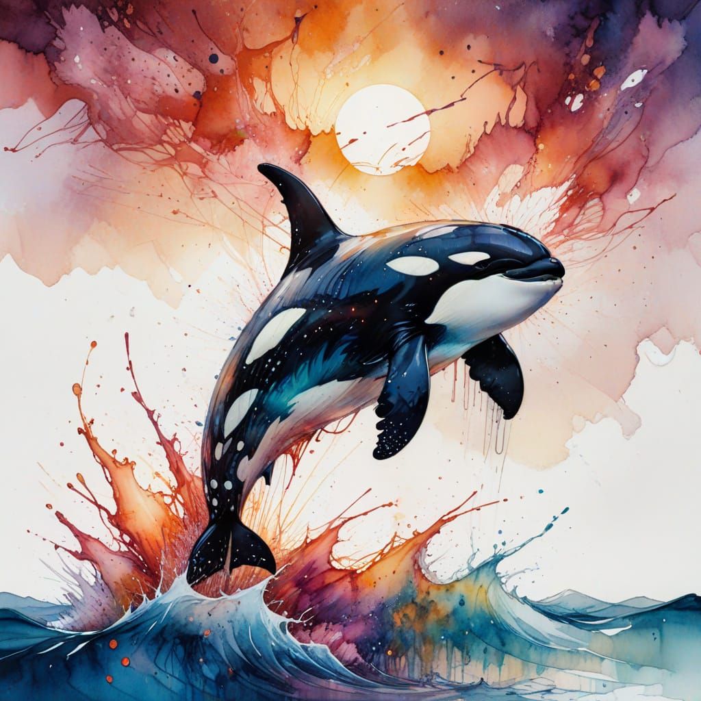 Orca Emerging from Sunset in Whimsical Watercolour Style
