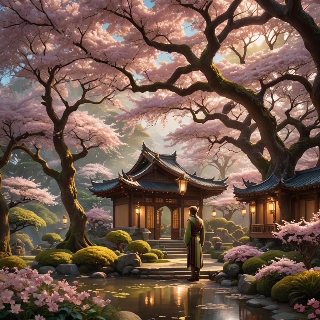 Elven Garden of Cherry Blossoms in Golden Light