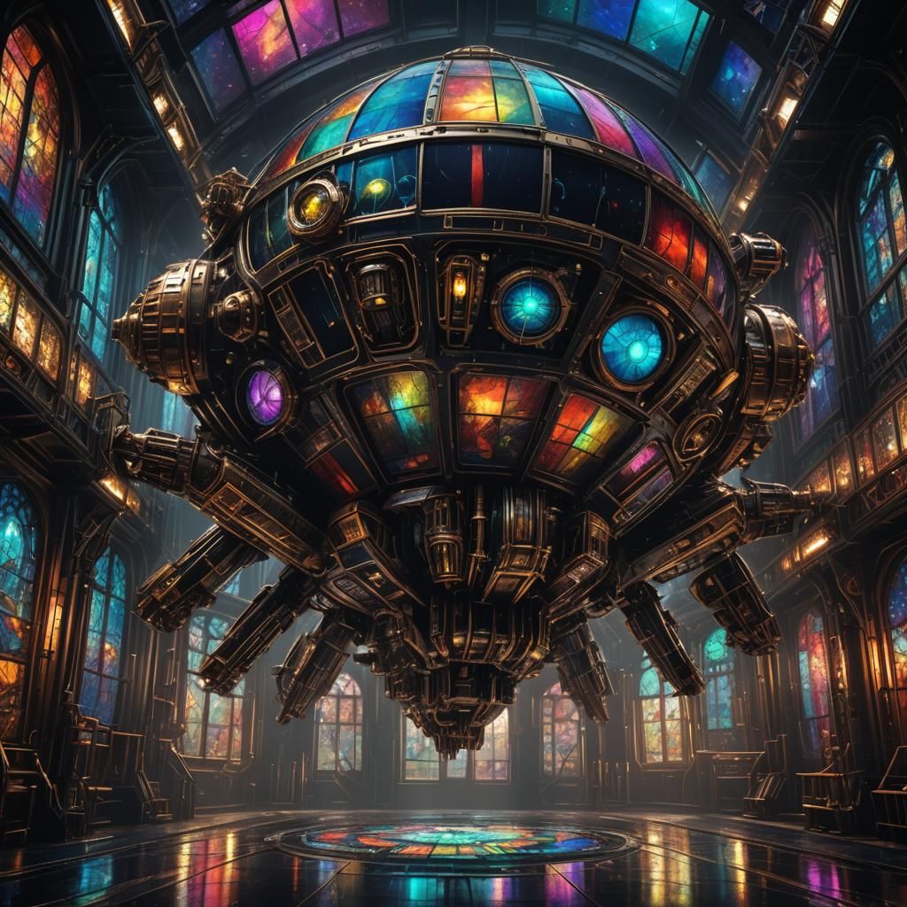Steampunk Stained Glass Spaceship in Dark Space