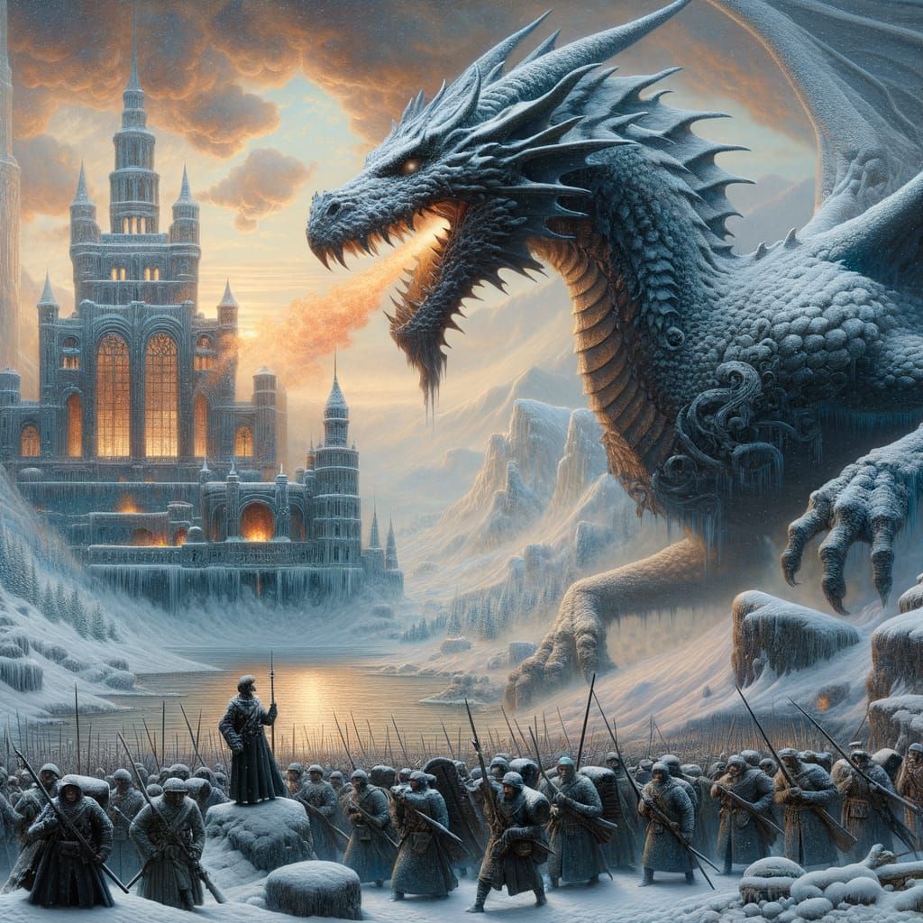 Medieval Soldiers Stand Firm Against Majestic Dragon in Snow...
