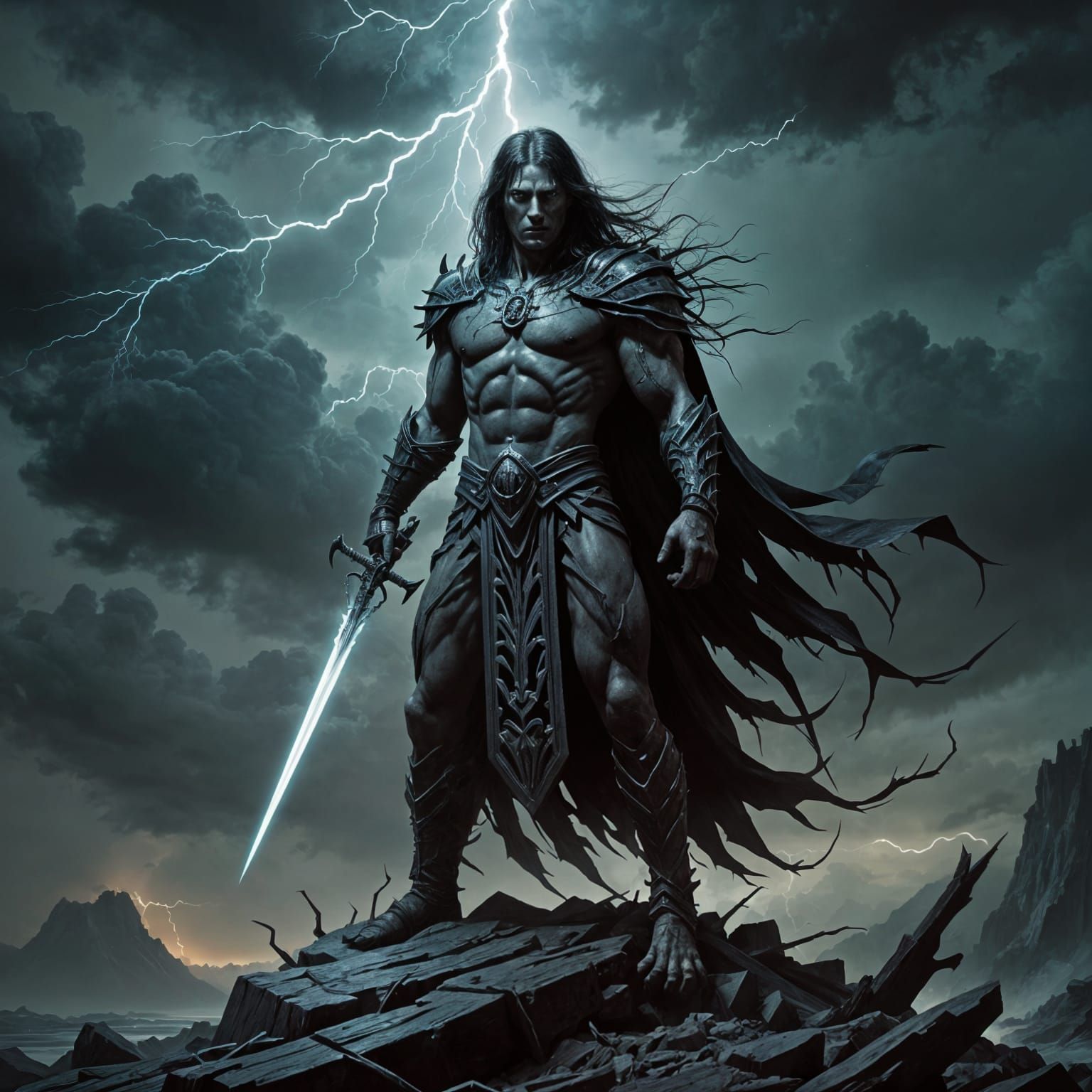 Lovecraftian horror art of black haired warrior , caucasian,...