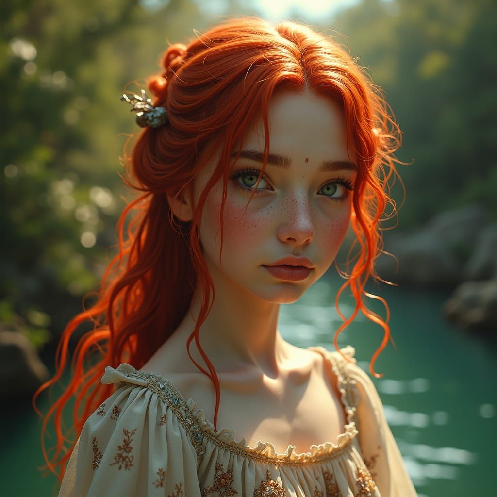 Red Haired Girl by River, in Digital Painting Style