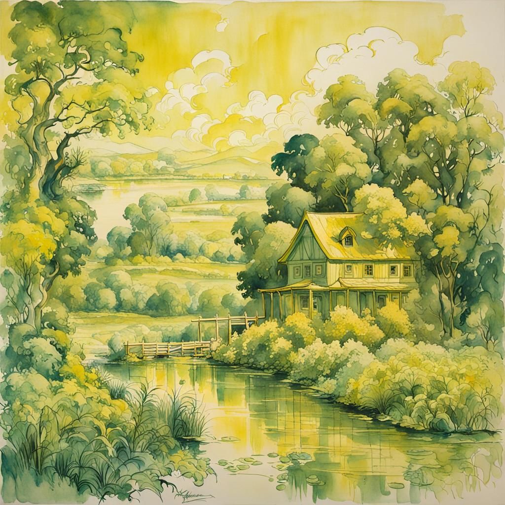 Yellow and Green Summer Landscape in Ink Wash Style