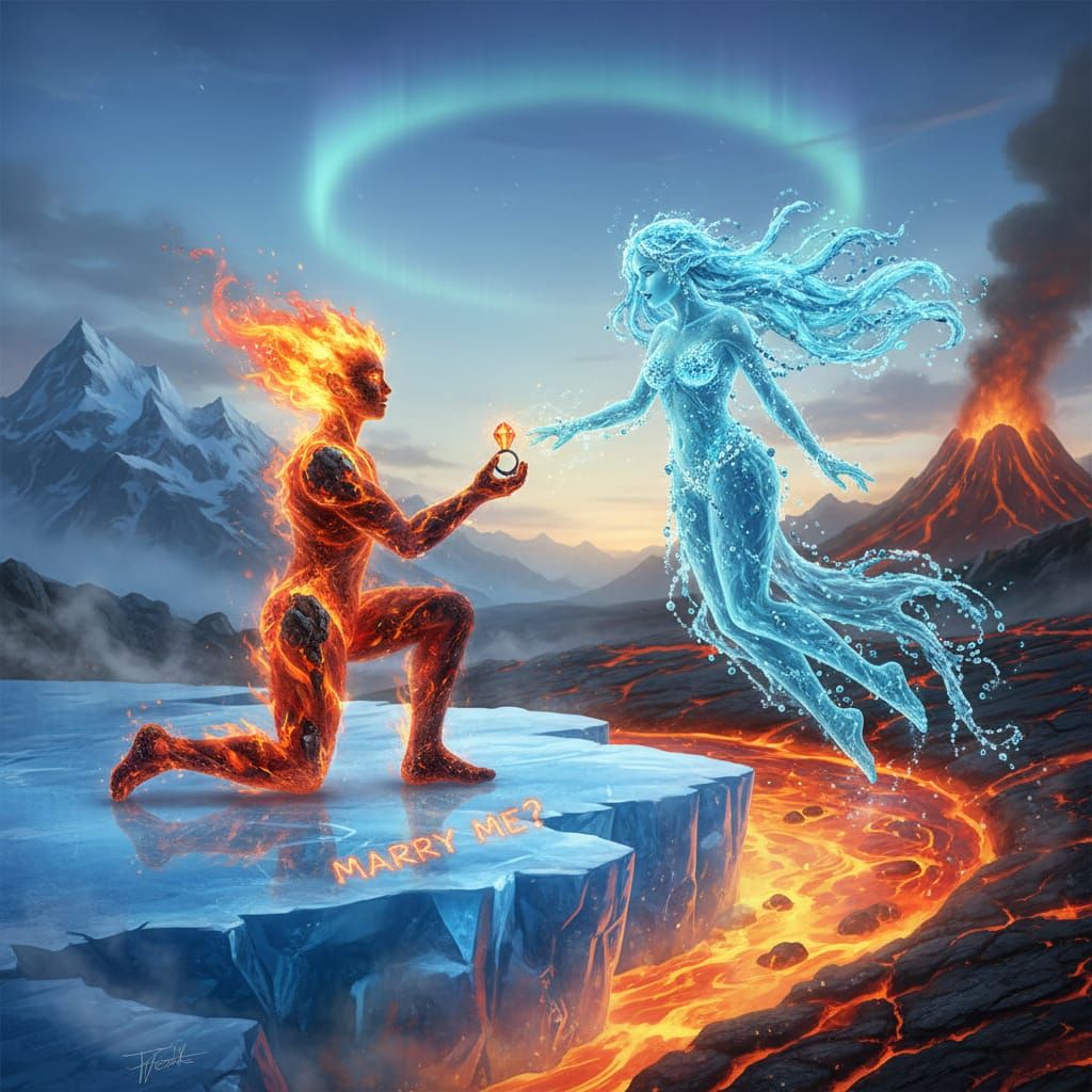 Fire Sprite Proposes to Water Sprite on Contrasting Landscap...