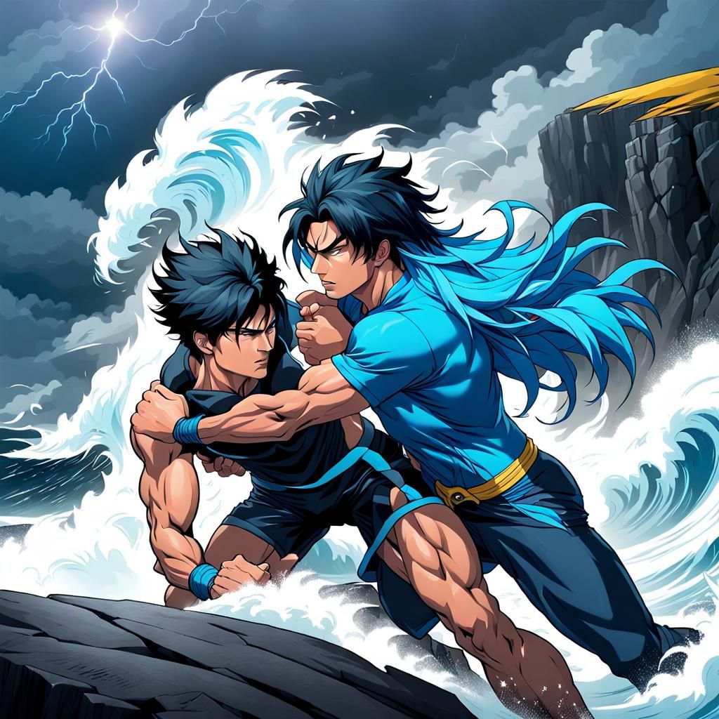 Dramatic Cliffside Wrestling Match Under Stormy Sky