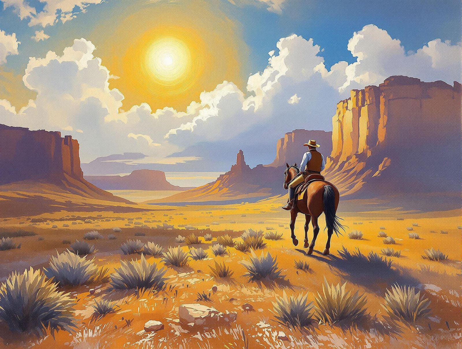 Cowboy in Canyon Lands: Impressionistic Oil Painting