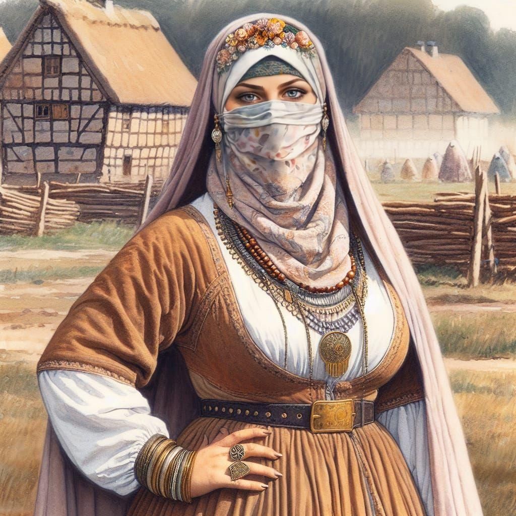 Neolithic Woman with Hijab in Watercolor Painting
