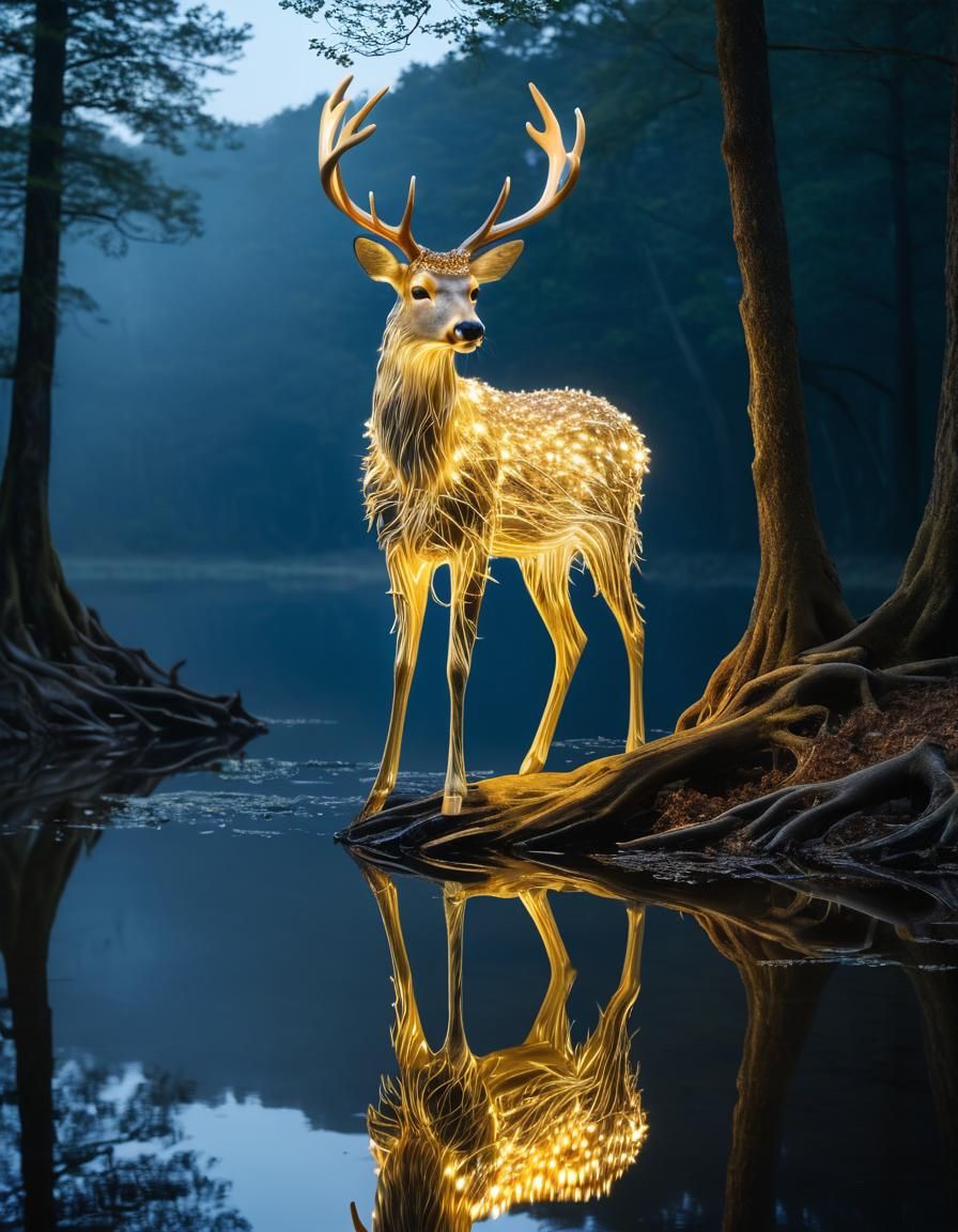 Luminous Anthropomorphic Deer on Mirrored Lake