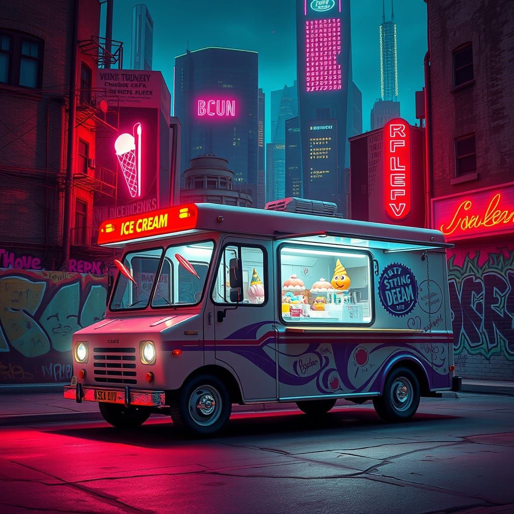 Stunning and futuristic ice-cream truck in cyberpunk cityb, graffiti art, splash art, street art, spray paint, oil gouac...