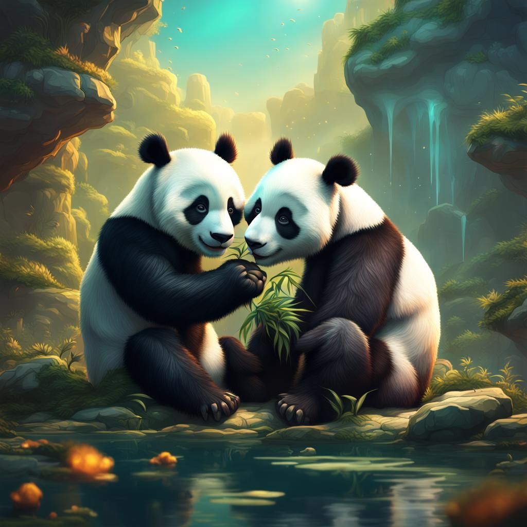 Cute Pandas Kissing: Detailed Fantasy Concept Art
