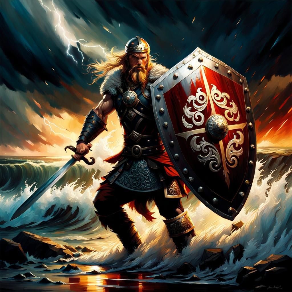 Viking Warrior on Shore in Impasto Action Painting