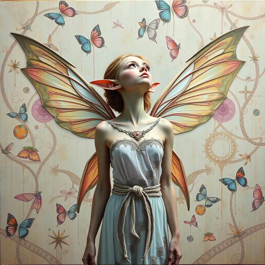 Ethereal Fairy Elf in Surreal Art Deco Landscape
