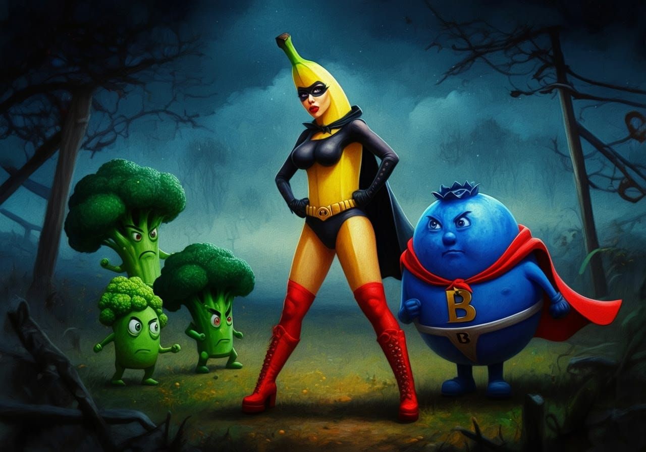 Freedom Fruit Fighters, Brave Betty Banana-nator and her sidekick Barry the Blueberry Boy battling The Vicious Veggies G...
