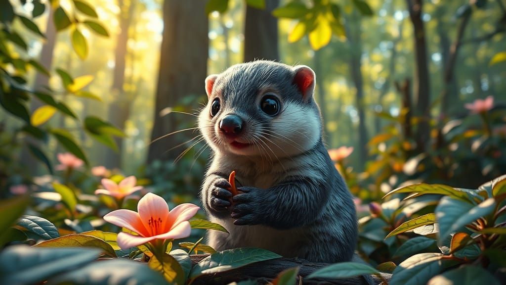 A Whimsical Otter-Hamster-Hummingbird Hybrid in a Lush Fores...