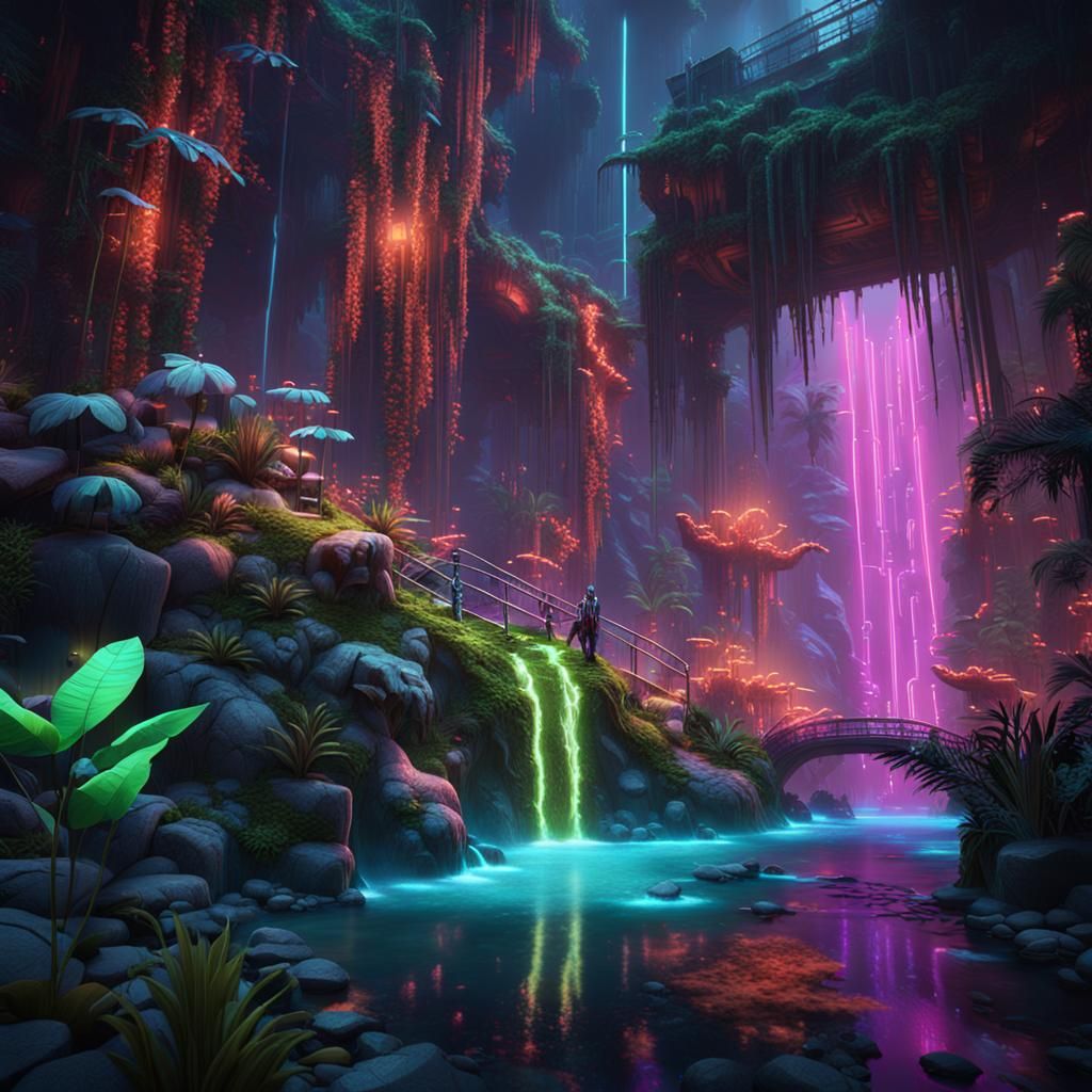 Cybernetic Jungle with Robotic Animals and Neon Plants