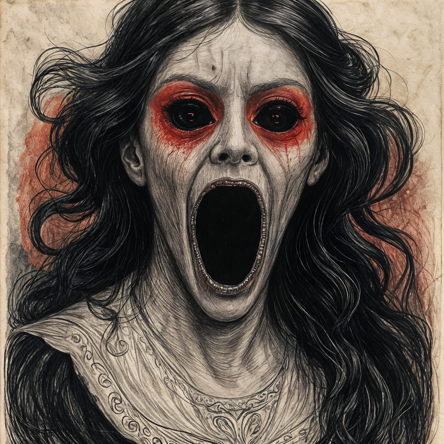 Macabre Illustration of a Possessed Woman in Red