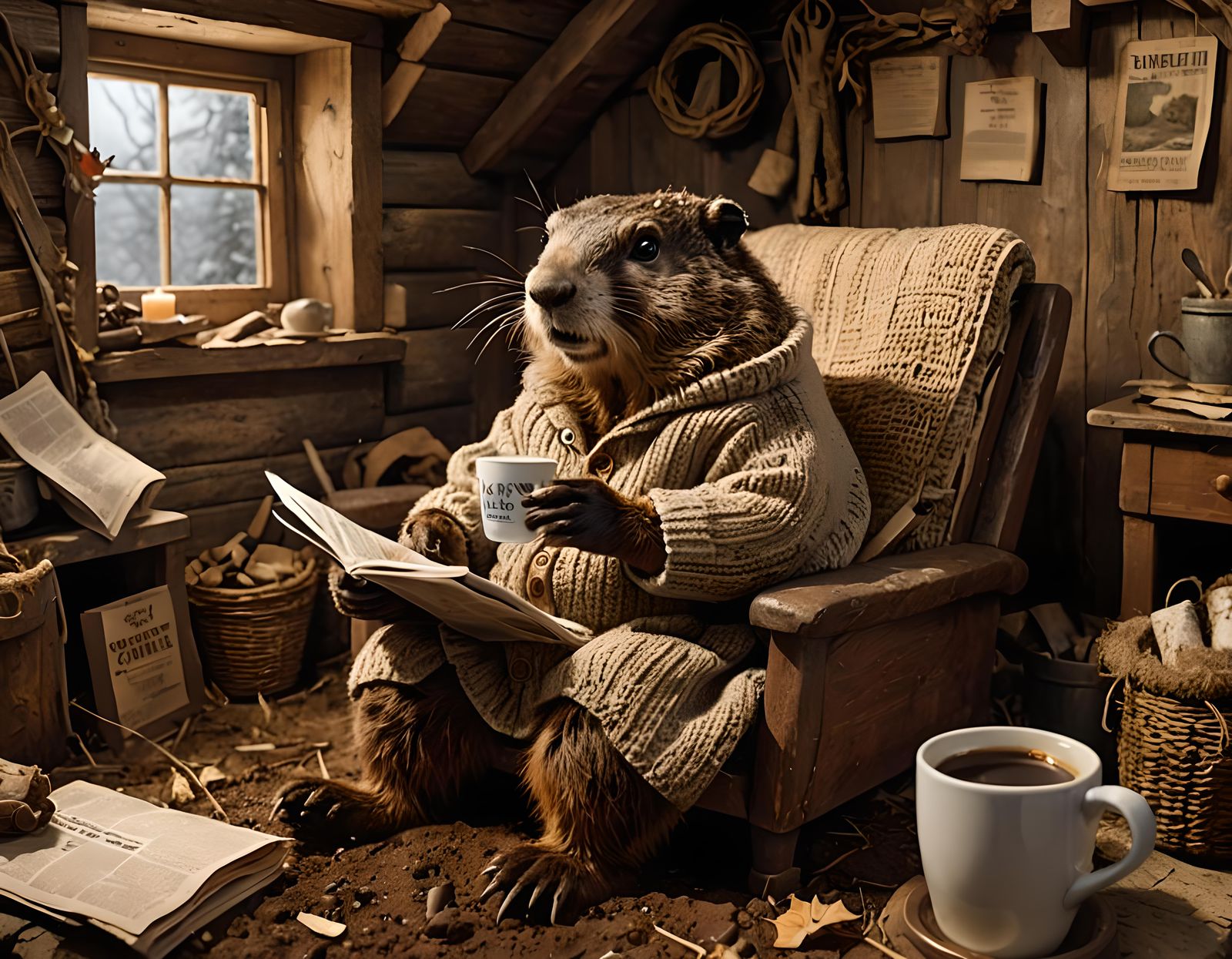 A groundhog in his hovel, sitting in a recliner with a sweater on and a cup of coffee beside him