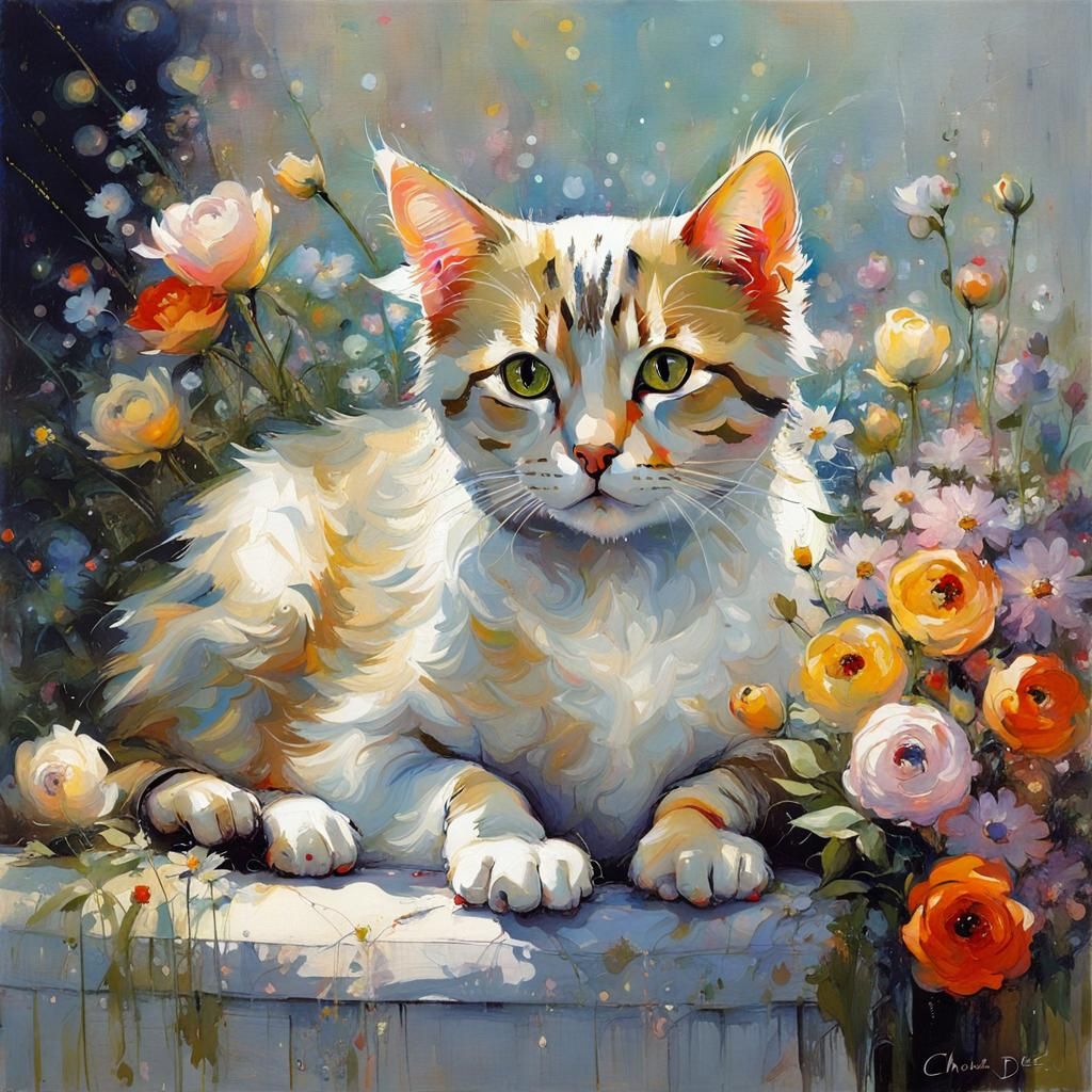 Cute Cat with Flowers in Mixed Media Style
