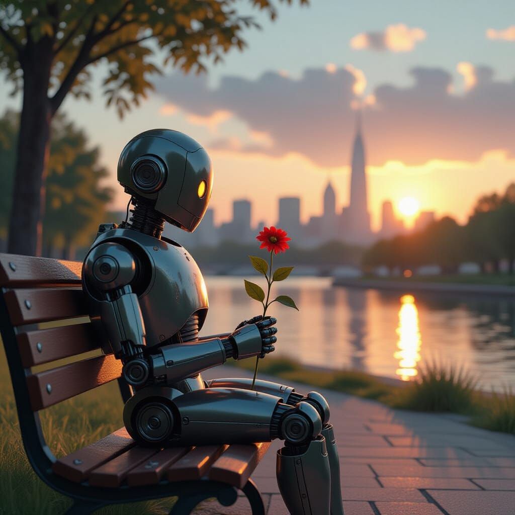 Melancholic Robot with Flower Gazes at Future City