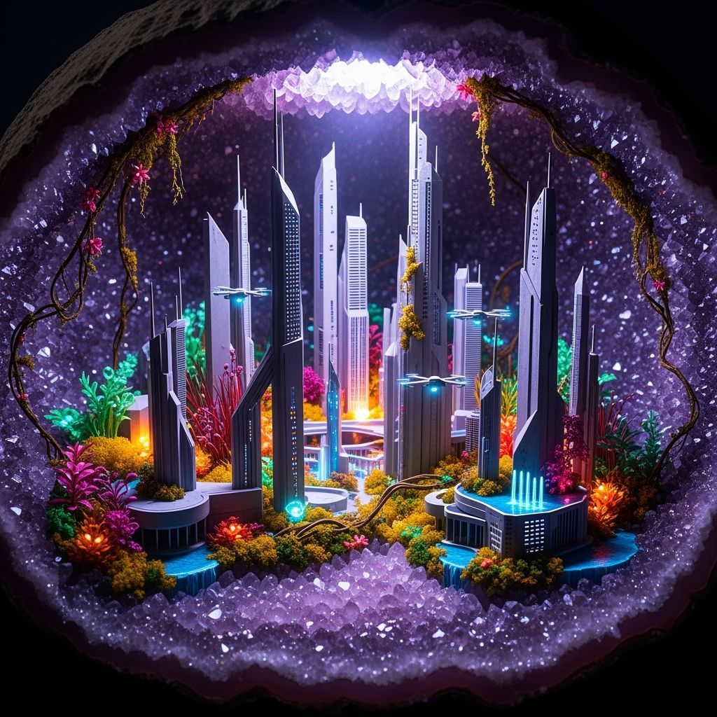 Futuristic Geode Cityscape Diorama with Bioluminescent Flora