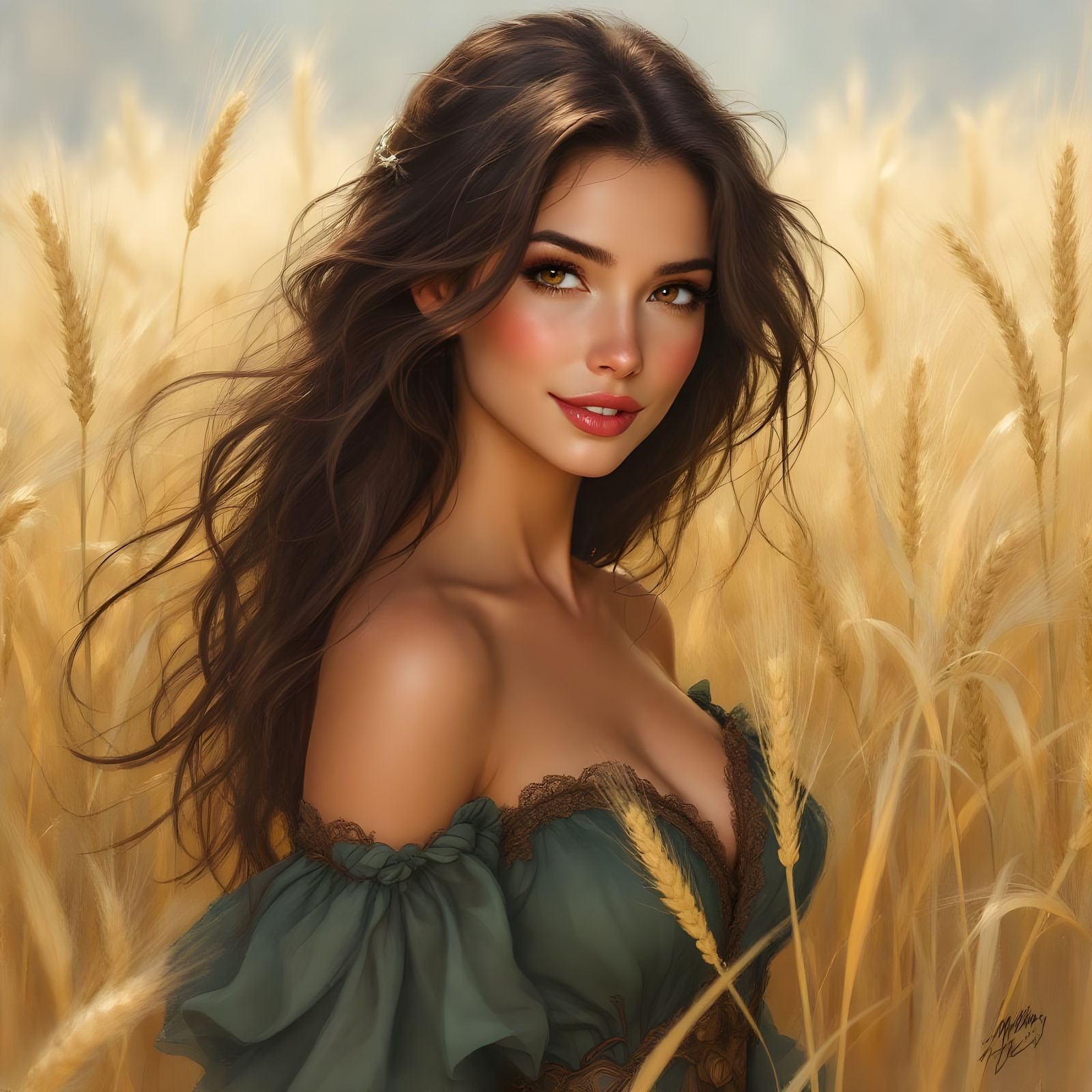 Norse Goddess in Grain Field, Garmash-Style Portrait