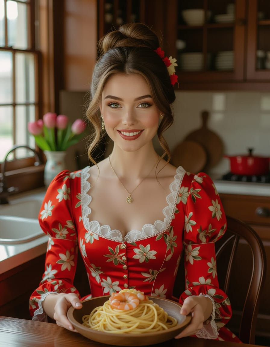 Victorian Woman Smiles in Luxurious Kitchen with Seafood Spa...
